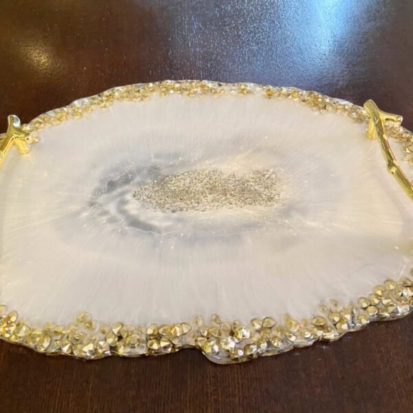 Oval White Tray with Gold Beads